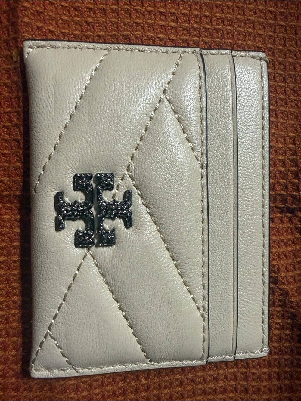 Tory Burch Quilted Cream Leather Card Holder with Black Logo